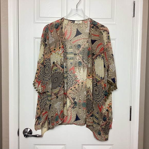 Umgee Sz Small/Medium Boho Feather Print Kimono Coverup Pompom Trim Tan Orange - Picture 1 of 7